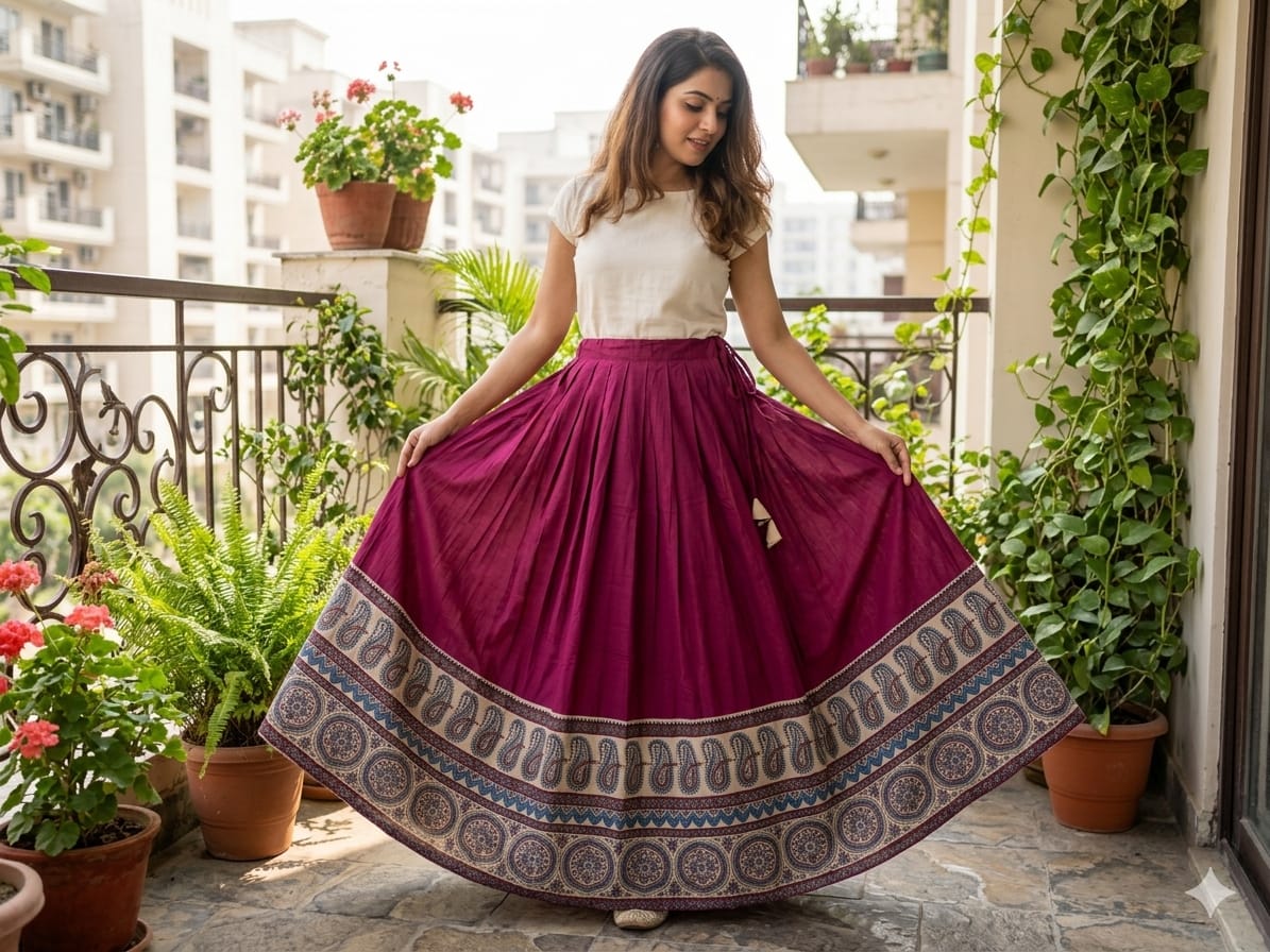 Plain Cotton Kali Skirt with Natural Border