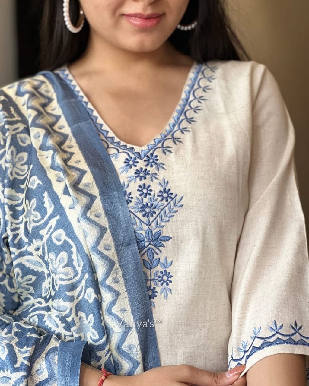 Embroidered Khadi Cotton Kurti Pant Set with Khadi Silk Dupatta