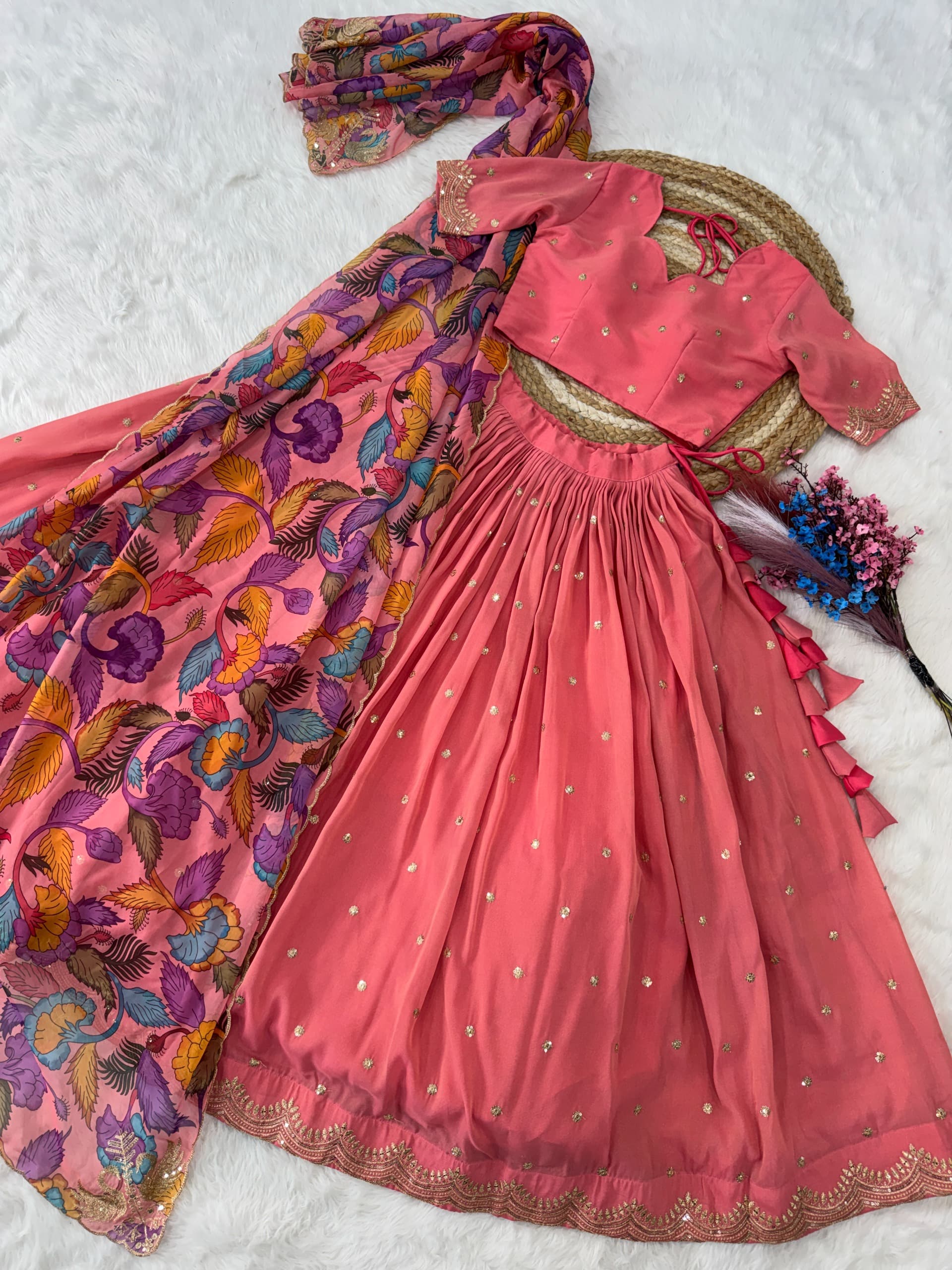 Zari Sequins Embroidered Cosmos Silk Lehenga Choli Set