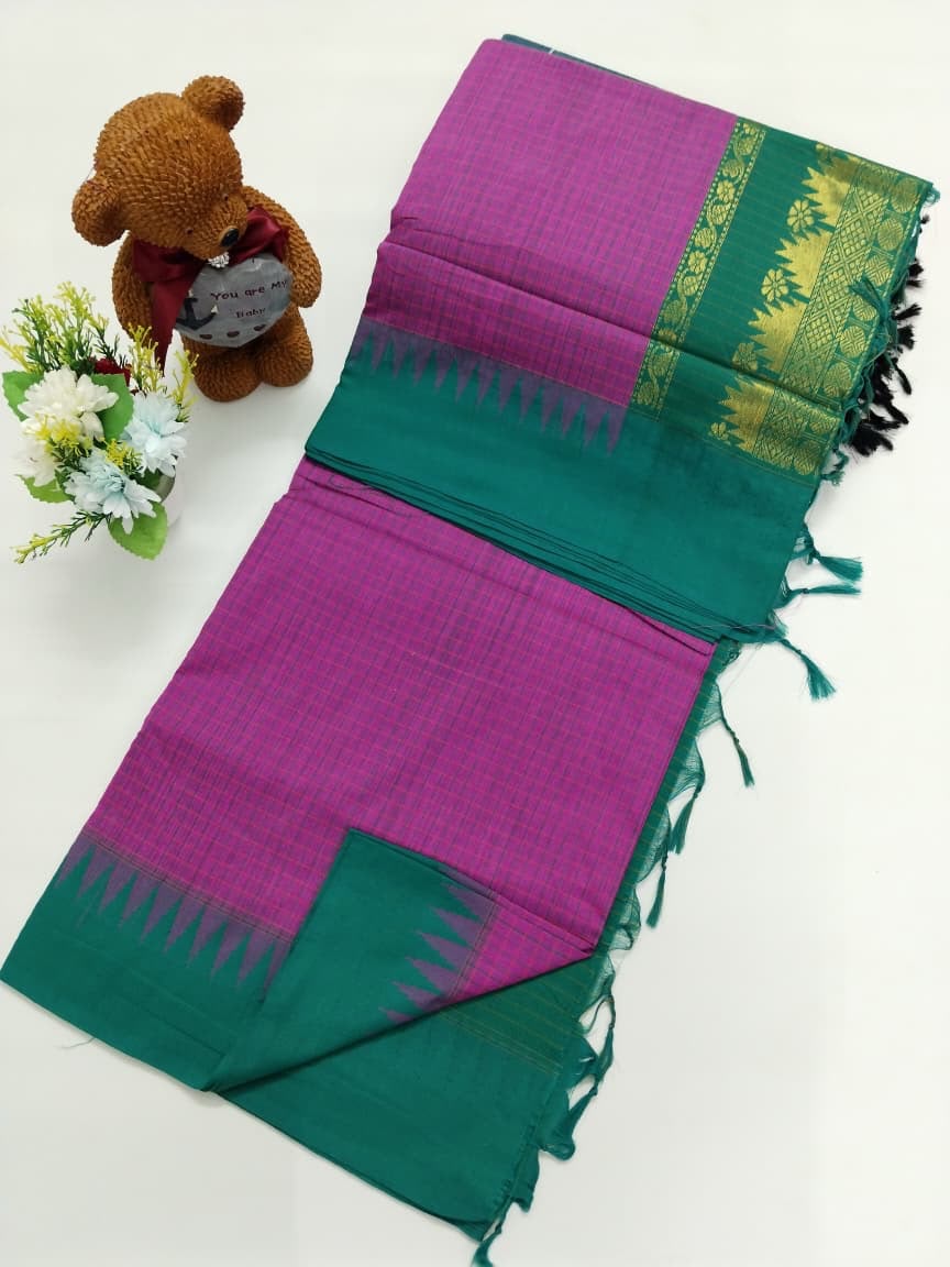 Checked Cotton Saree with Zari Pallu and Contrast Blouse