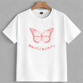 White t-shirt with a pink butterfly graphic and text on a gray background