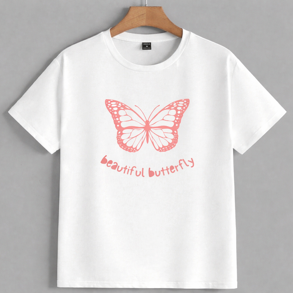 White t-shirt with a pink butterfly graphic and text on a gray background