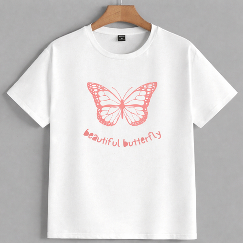 White t-shirt with a pink butterfly graphic and text on a gray background