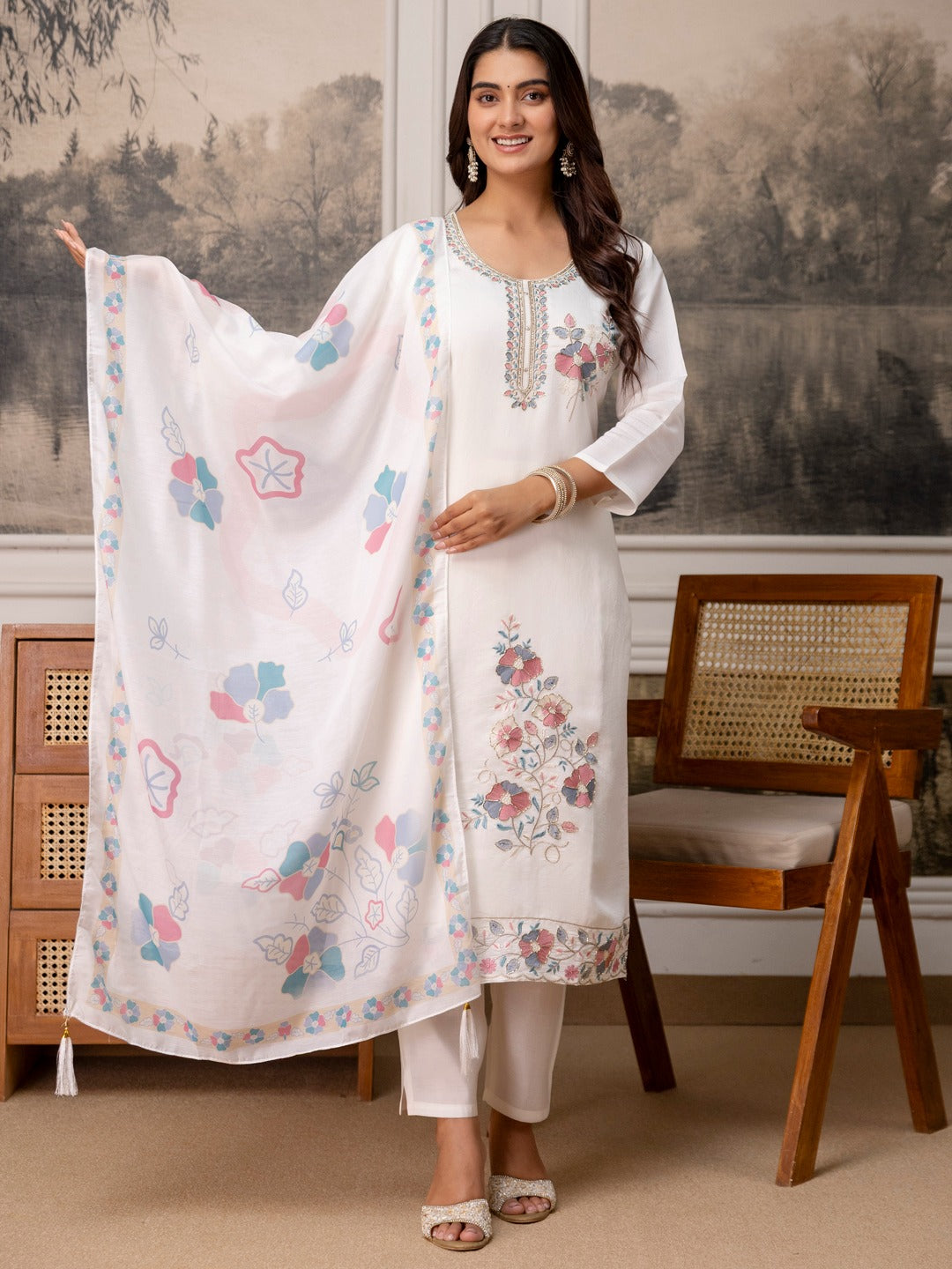 Embroidered Roman Silk Kurta Pant Set with Printed Dupatta
