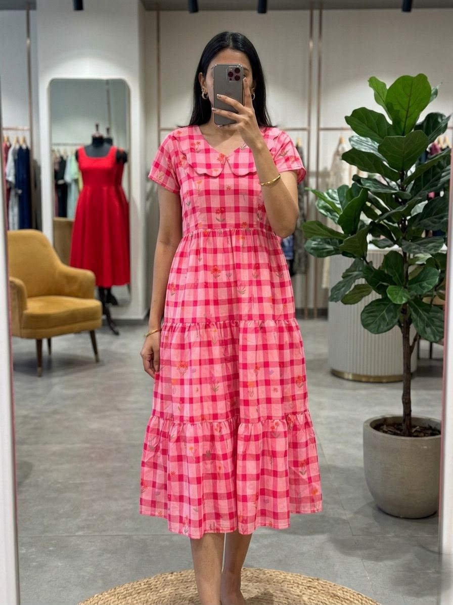 Designer Chanderi Cotton Plaid Maxi Dress for Women