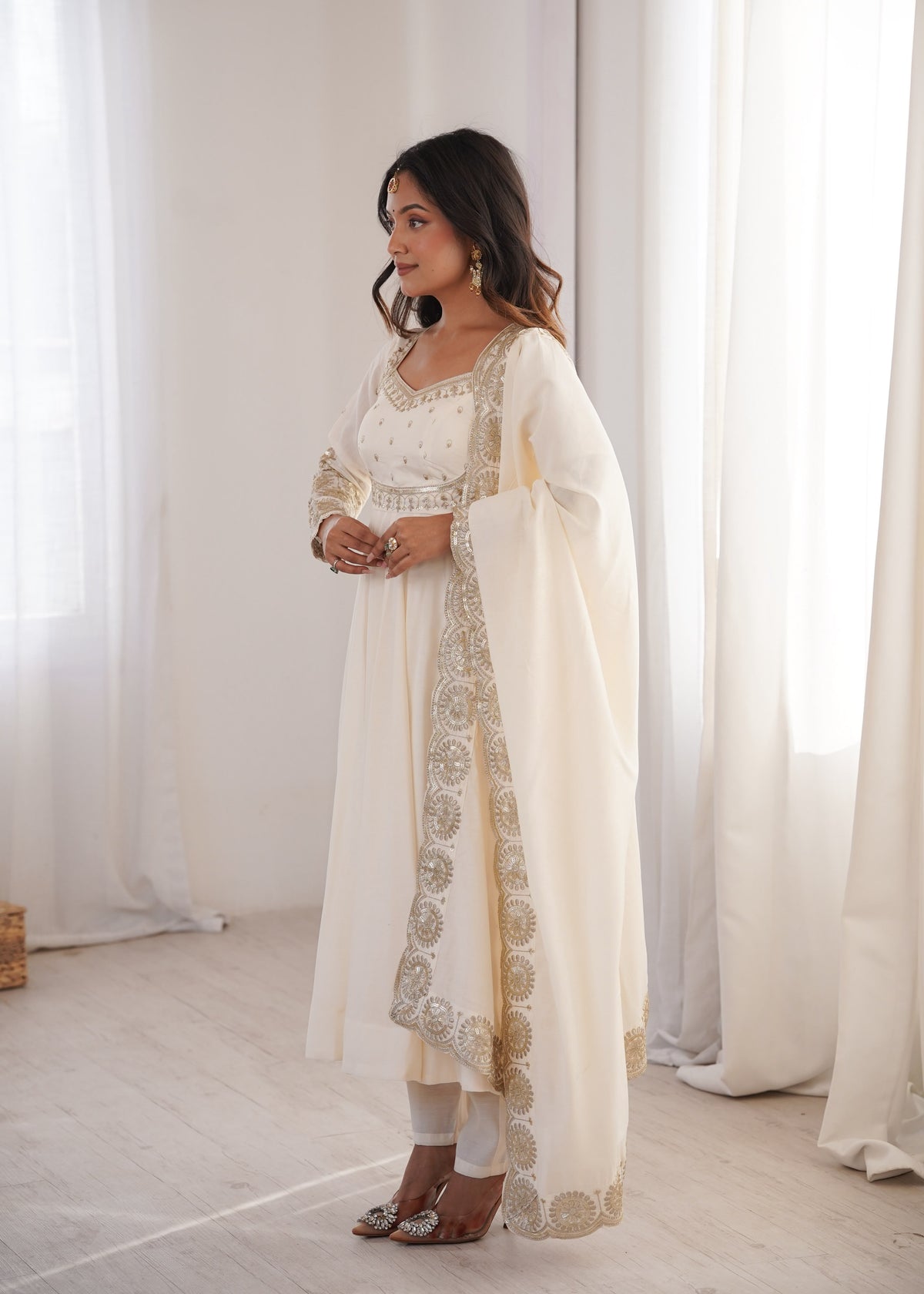 Roman Silk Embroidered Anarkali Gown Set with Chanderi Dupatta