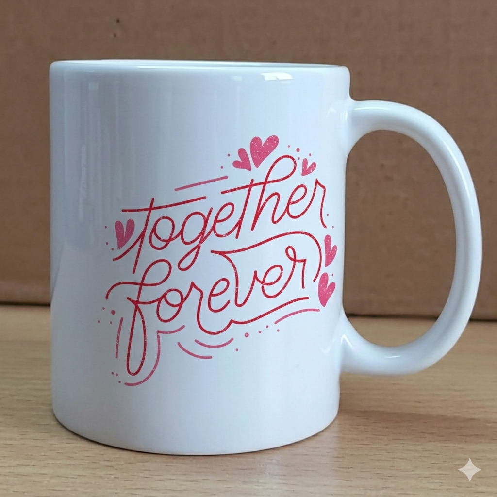 White mug with 'Together Forever' text in red on a wooden surface.