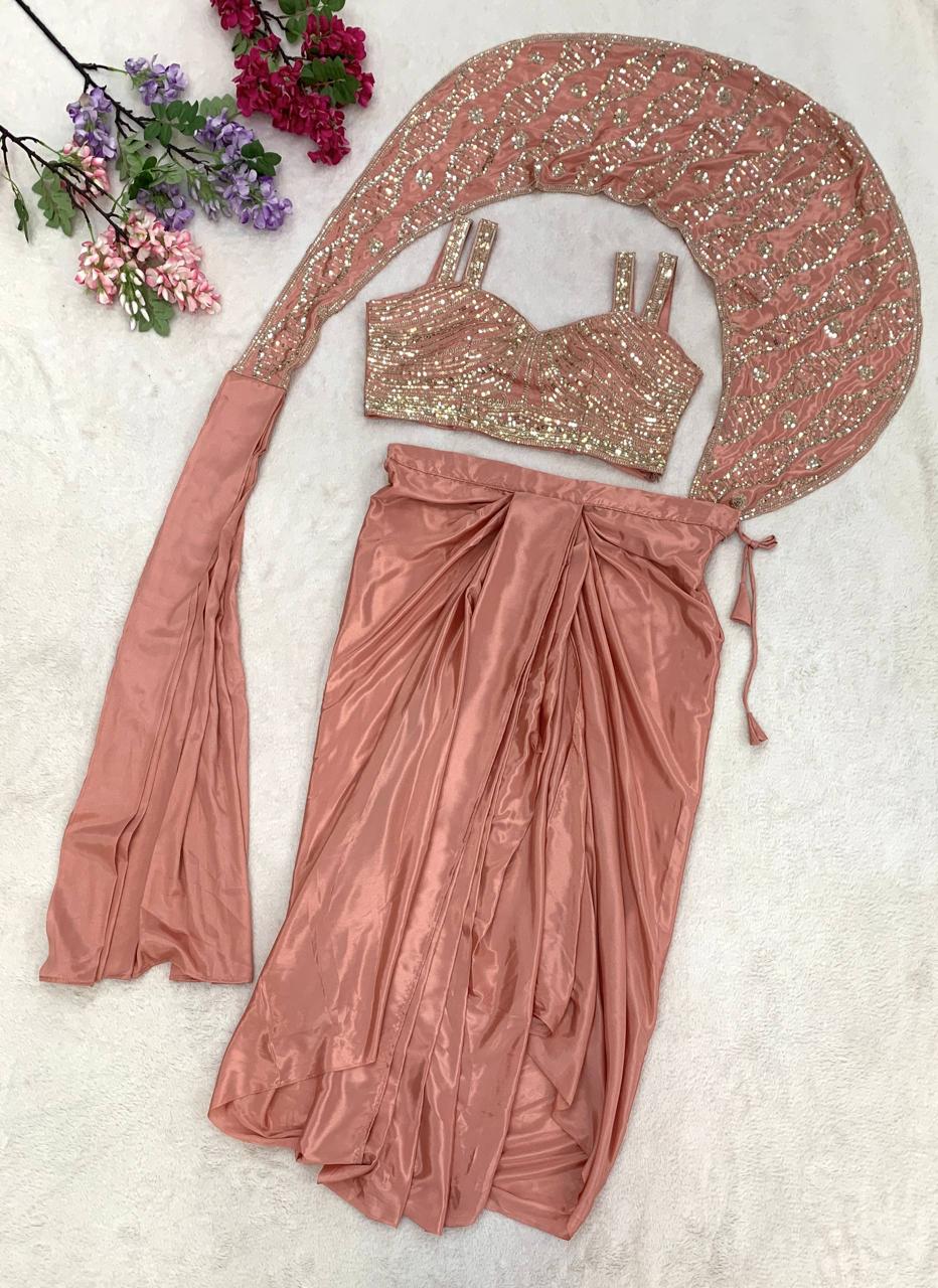 Crep Silk Embroidered Sequins Ready-to-Wear Saree with Stitched Blouse