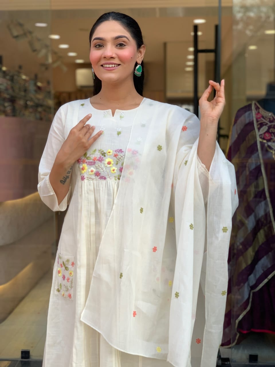 Cotton Embroidered Kurti Pant Dupatta Set