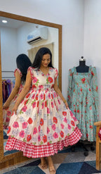 Floral Print Chanderi Cotton Maxi Dress for Women