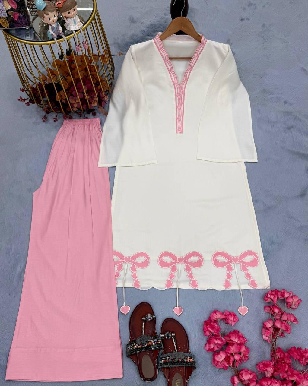 Pure Roman Silk Embroidered Top & Palazzo Set