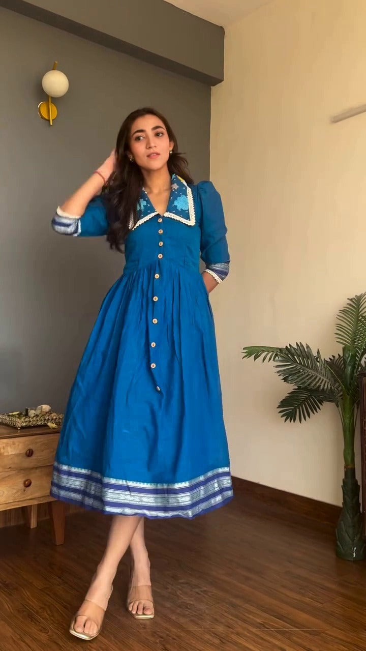 Embroidered Cotton Shirt Collar Dress for Women