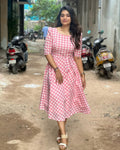 Pink Printed Mix Cotton Flared Western Dress