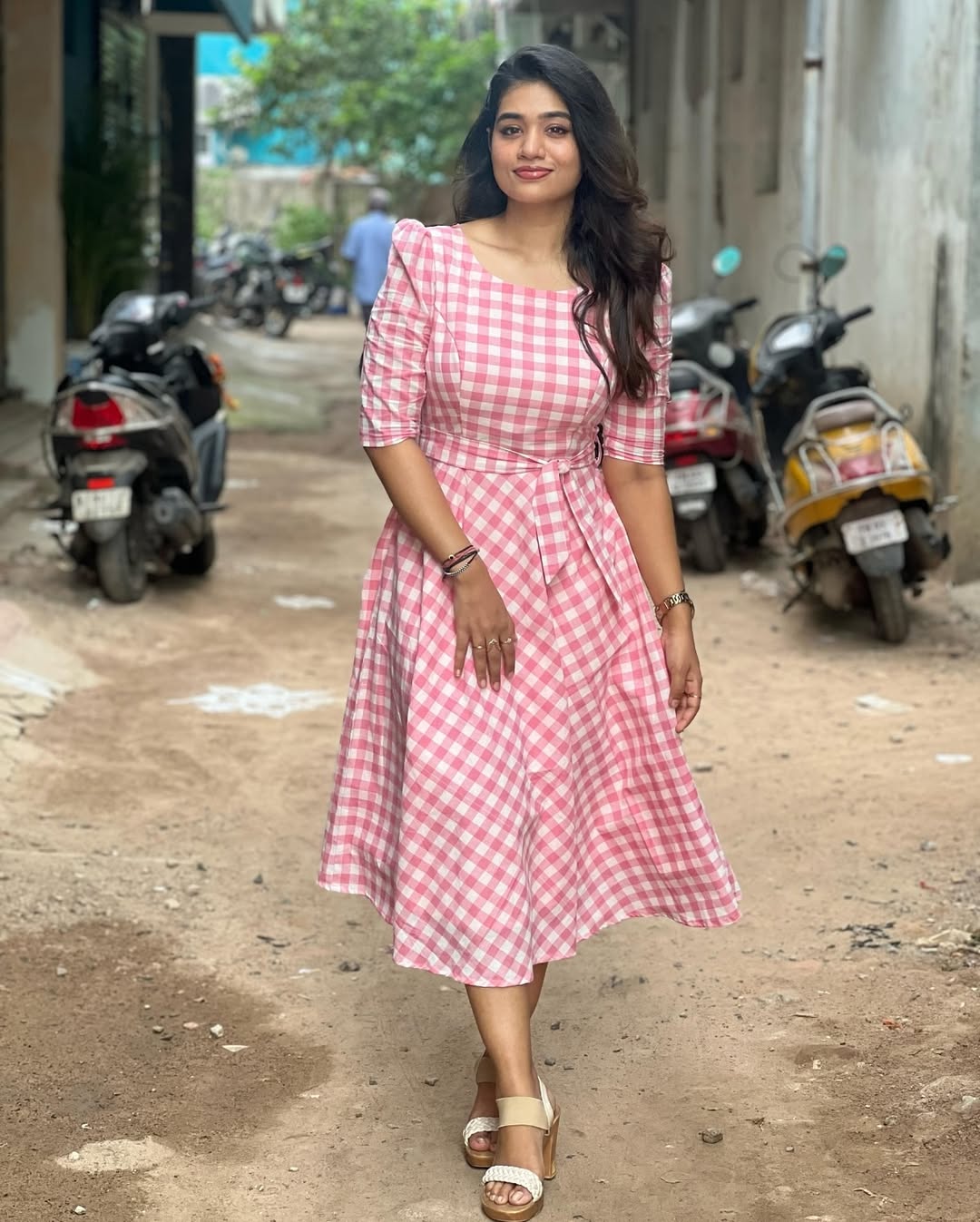 Pink Printed Mix Cotton Flared Western Dress