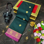 Fusion Korvai Soft Silk Saree with Golden Zari Buttas & Contrast Border