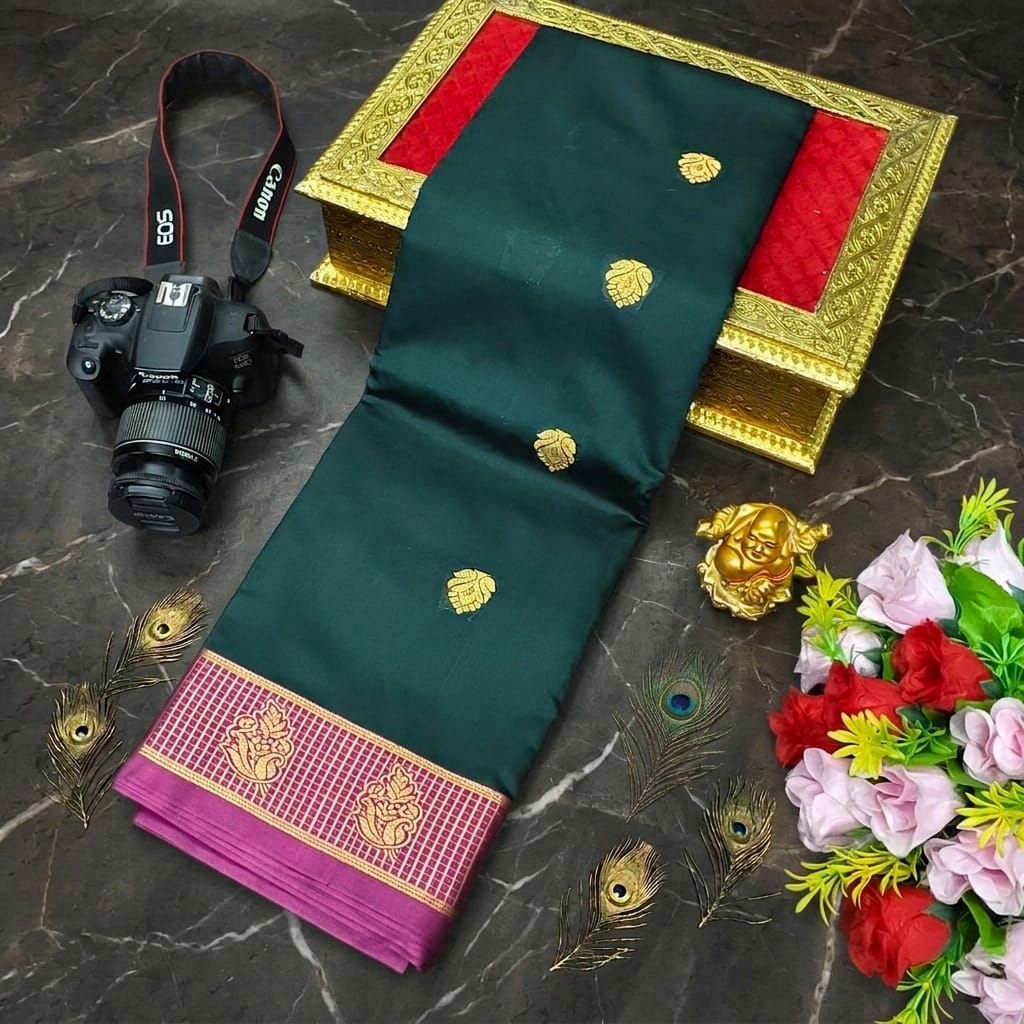 Fusion Korvai Soft Silk Saree with Golden Zari Buttas & Contrast Border