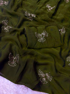 Bird Motif Beaded Rangoli Fabric Saree with Blouse