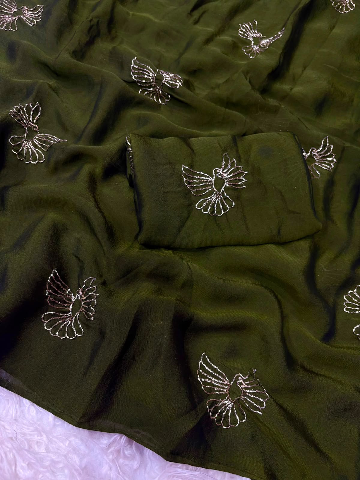 Bird Motif Beaded Rangoli Fabric Saree with Blouse