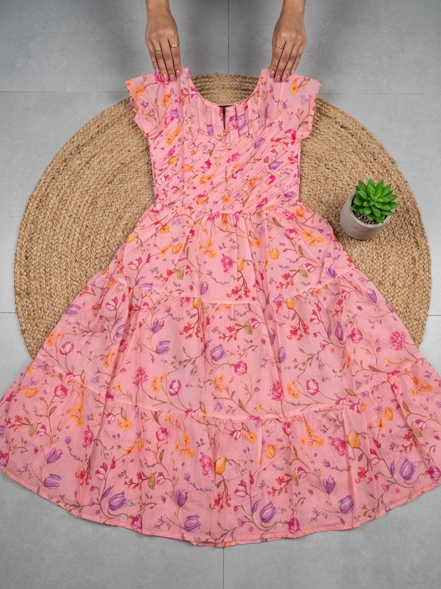 Floral Print Chanderi Cotton Maxi Dress for Women