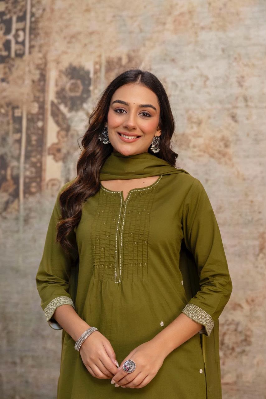 Designer Heavy Cotton Embroidered Kurti Pant Set with Cotton Dupatta