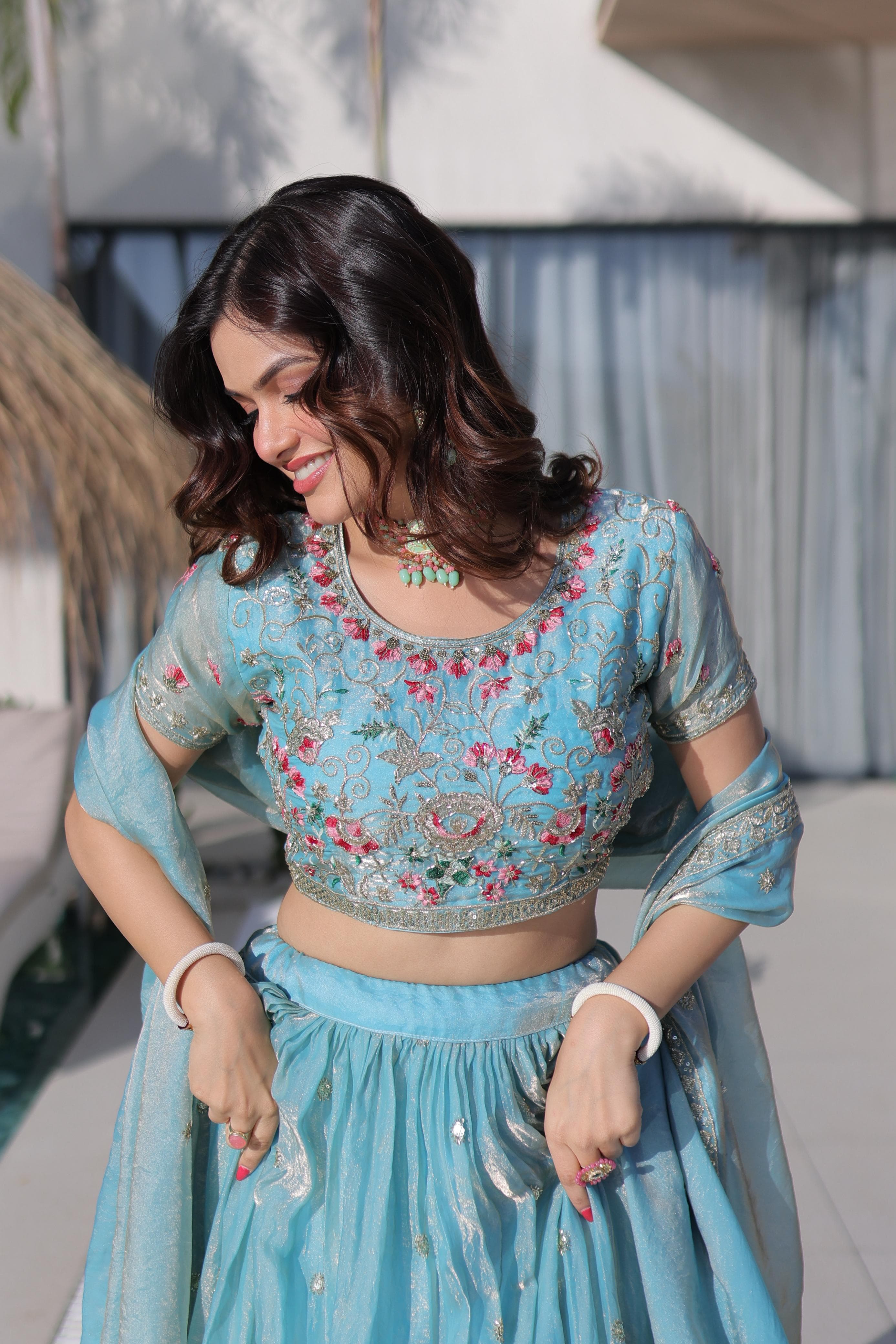 Multi Thread Embroidered Fendi Silk Lehenga Choli Set