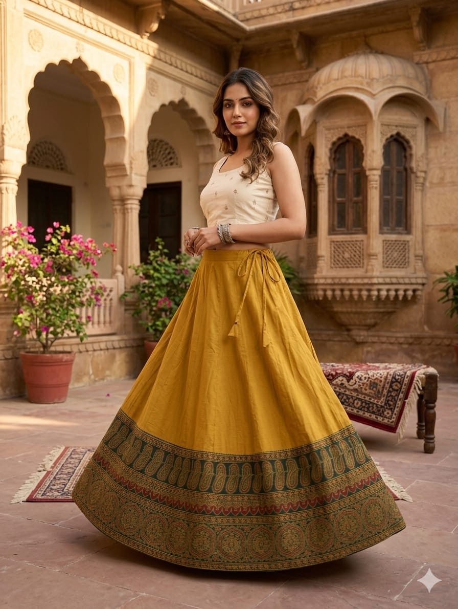Plain Cotton Kali Skirt with Natural Border