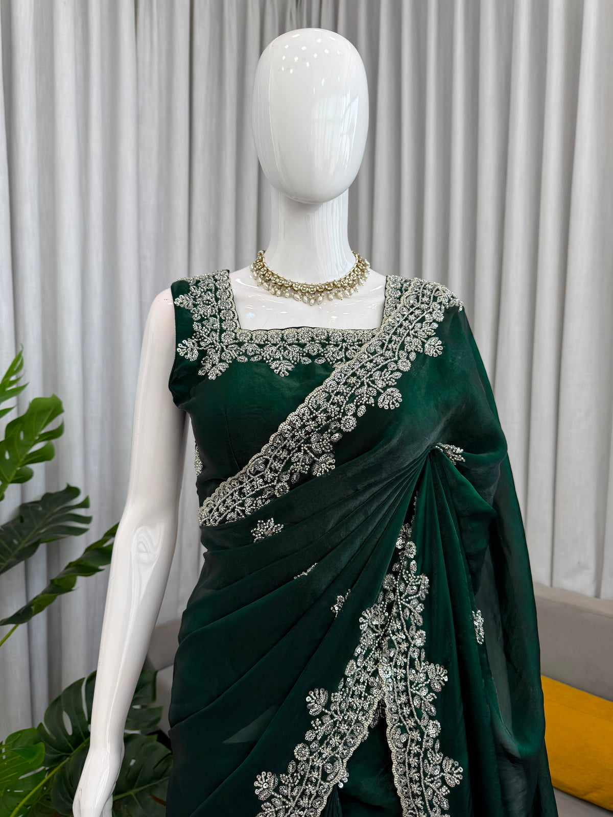 Beads & Sequins Work Fendy Silk Saree with Blouse