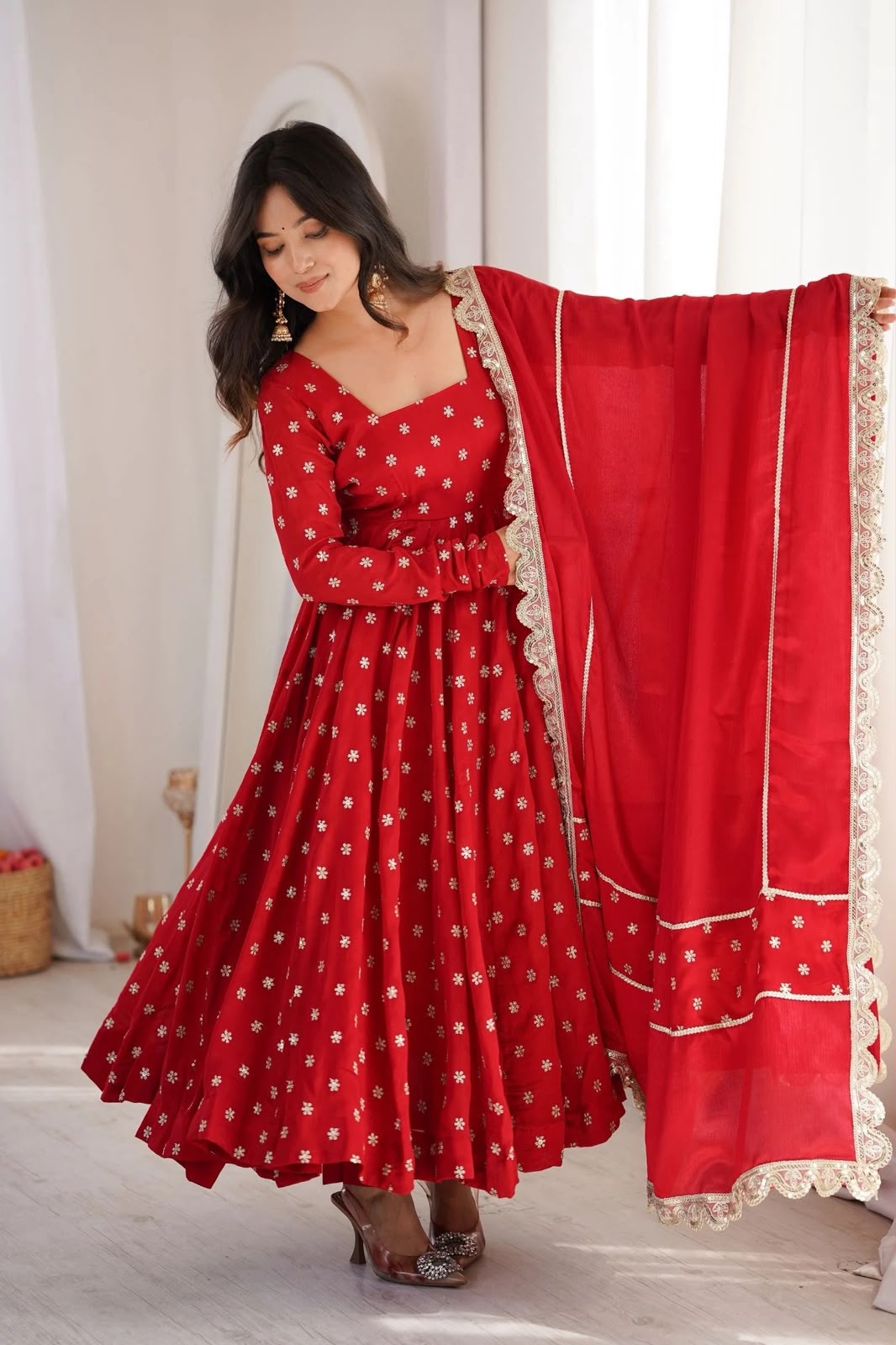 Designer Chinon Silk Anarkali Suit Set with Embroidered Dupatta