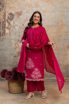 Designer Heavy Cotton Embroidered Kurti Pant Set with Cotton Dupatta
