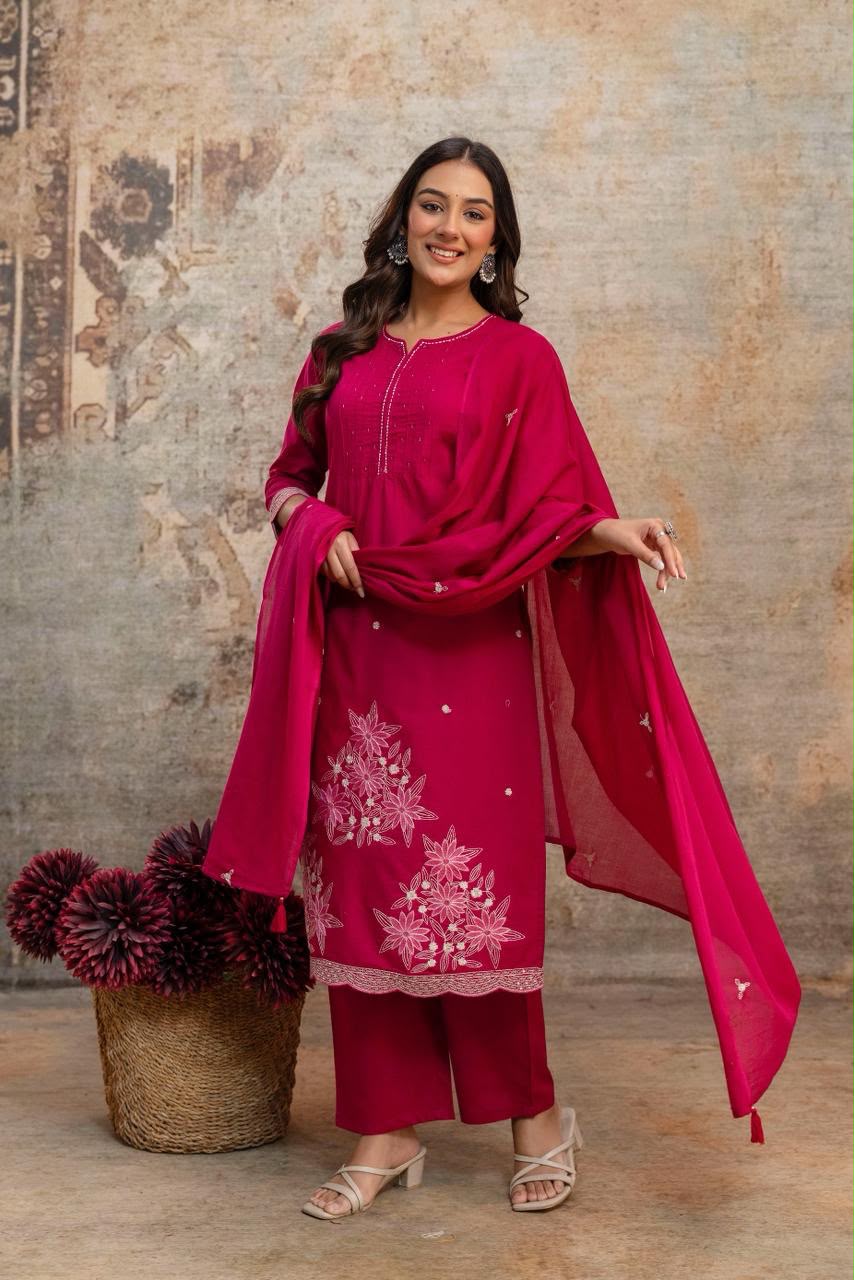 Designer Heavy Cotton Embroidered Kurti Pant Set with Cotton Dupatta