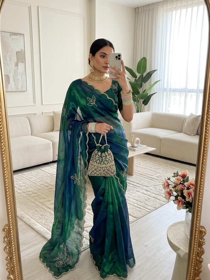 Sunflower Space Silk Satin Saree with Hand Khatli & Cutdana Work