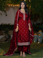 Embroidered Vichitra Silk Kurti Pant Set with Dupatta