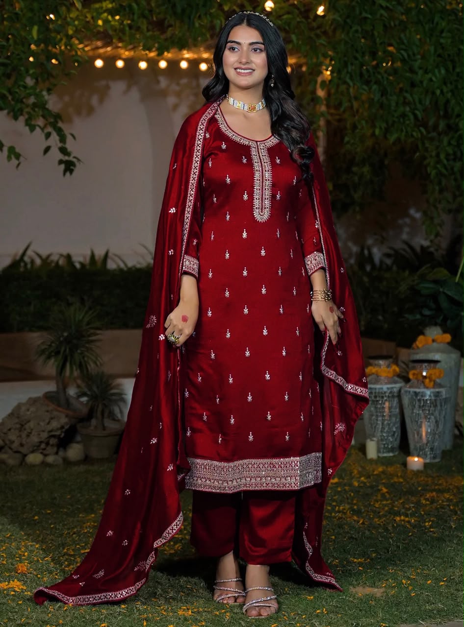 Embroidered Vichitra Silk Kurti Pant Set with Dupatta