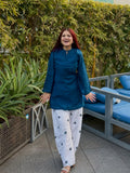 Teal Blue Embroidered Kurti with Off-White Farshi Salwar Set