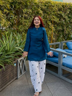 Teal Blue Embroidered Kurti with Off-White Farshi Salwar Set