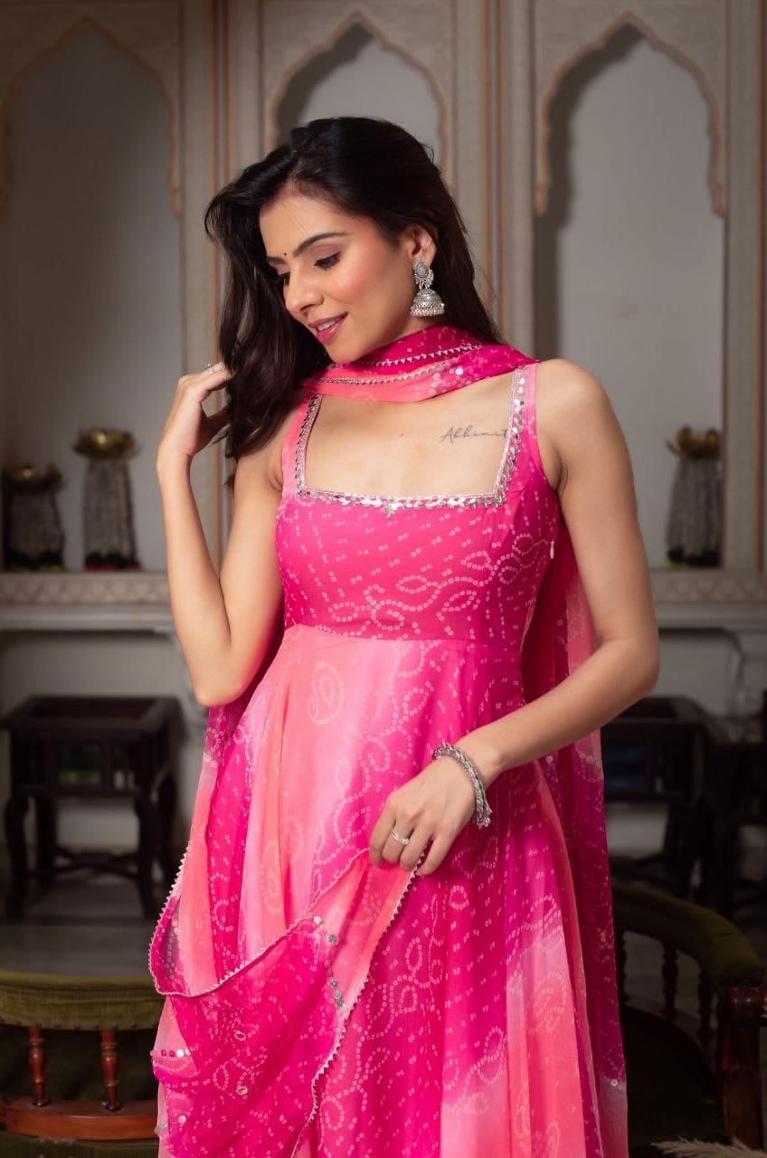 Digital Print Fox Georgette Anarkali Suit Set with Dupatta & Palazzo