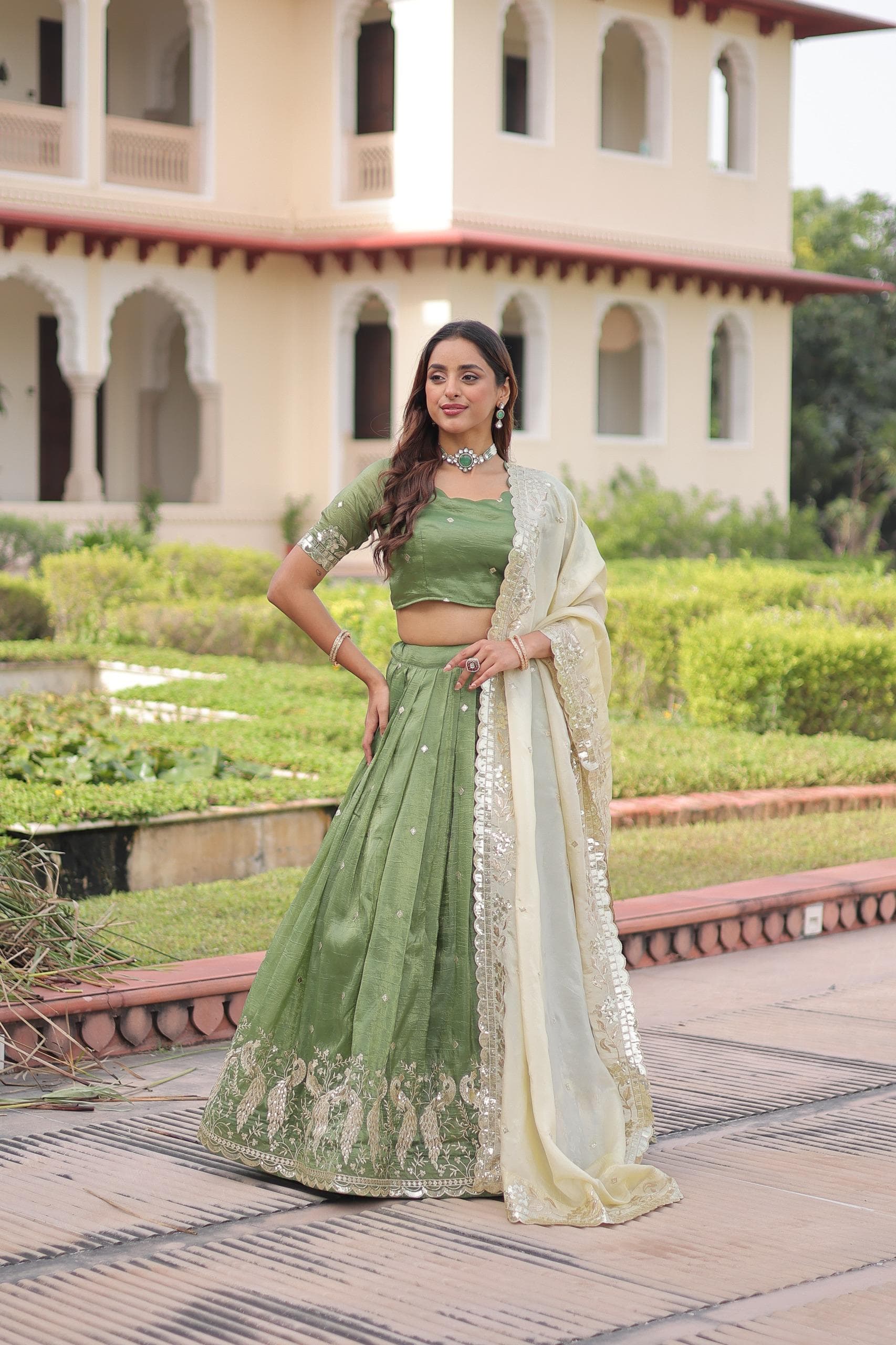 Sequins Embroidered Gold Crush Lehenga Choli Set with Dupatta