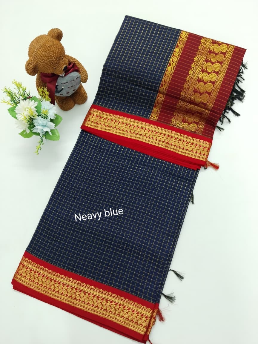 Checked Cotton Saree with Zari Pallu & Contrast Blouse