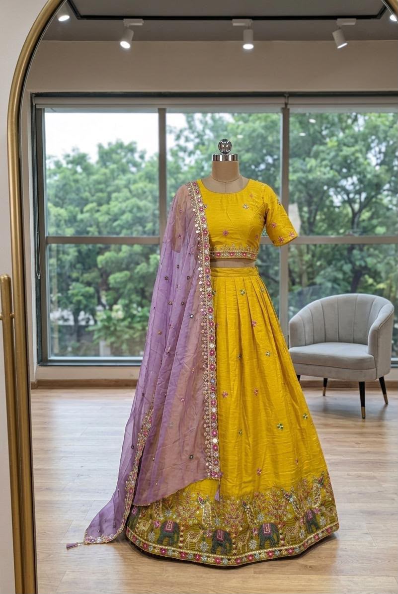 Designer Space Silk Embroidered Lehenga Choli with Dupatta