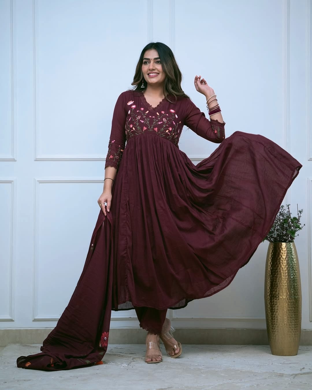 Embroidered Cotton Kurta Pant Set with Printed Cotton Malmal Dupatta