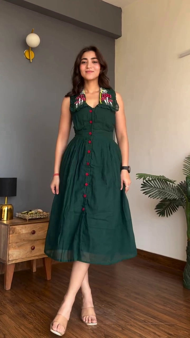 Embroidered Cotton Shirt Collar Dress for Women