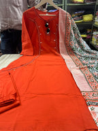 Pure Cotton Mirror Work A-Line Kurta Pant Dupatta Set