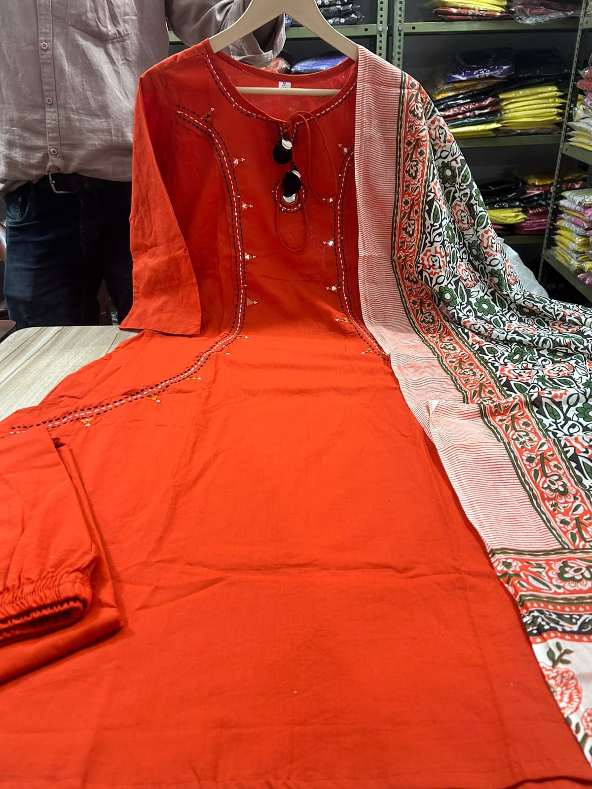 Pure Cotton Mirror Work A-Line Kurta Pant Dupatta Set