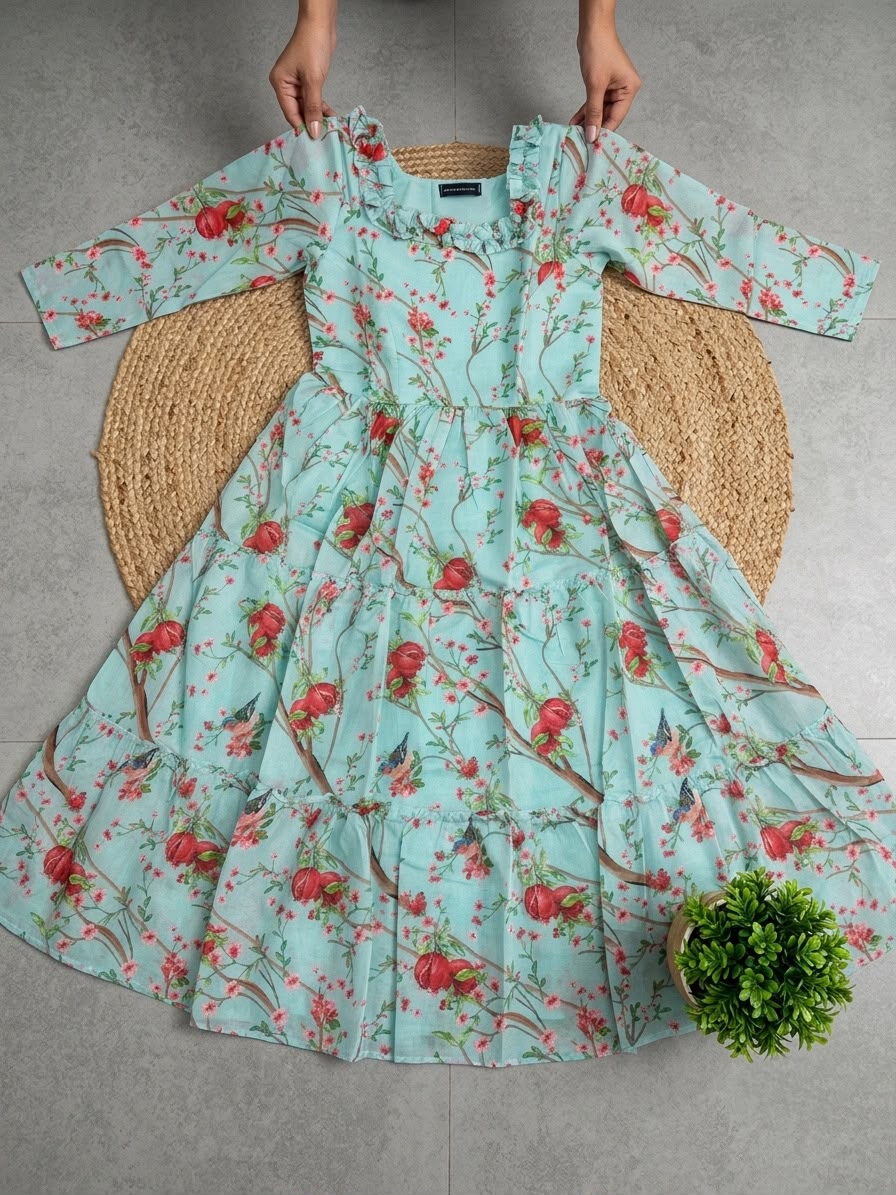 Floral Print Chanderi Cotton Maxi Dress for Women
