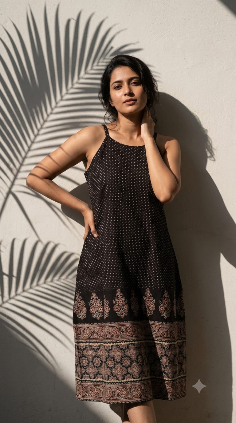 Ajrakh Print Cotton Spaghetti Dress for Women