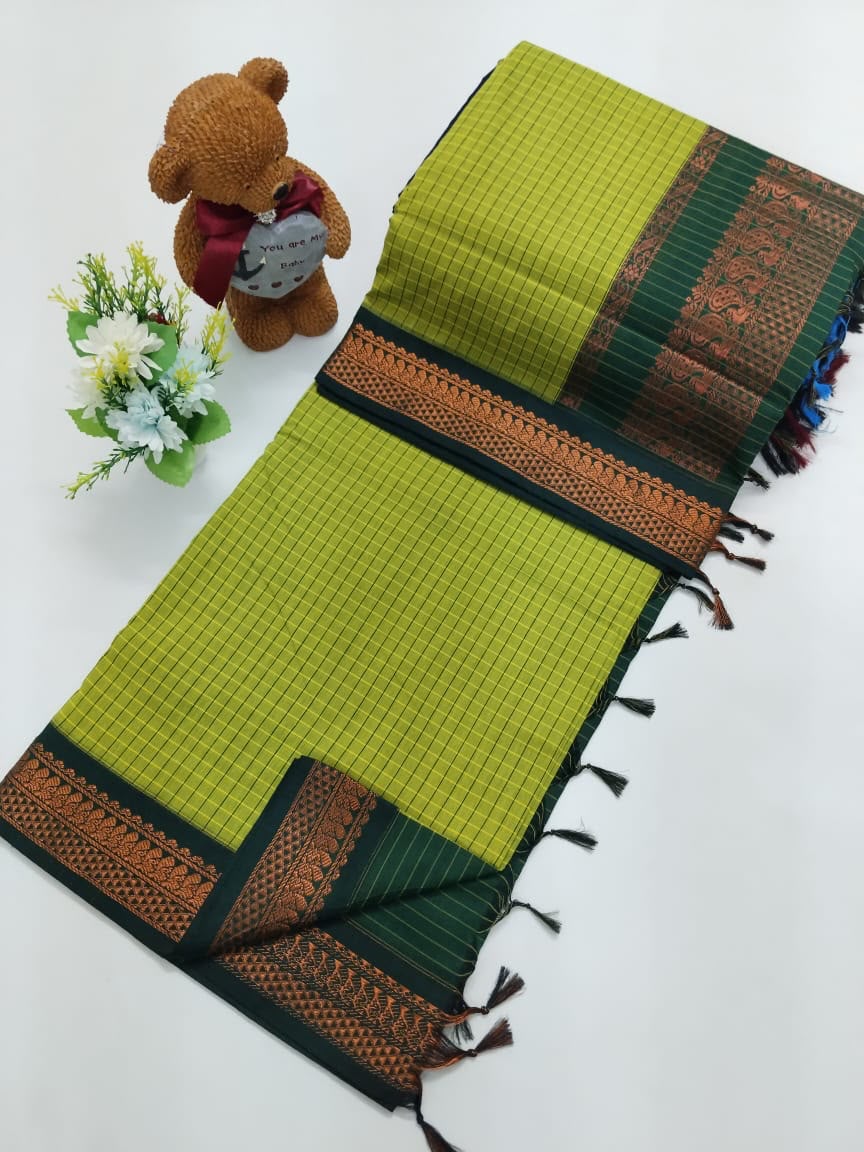 Checked Cotton Saree with Zari Pallu and Contrast Blouse