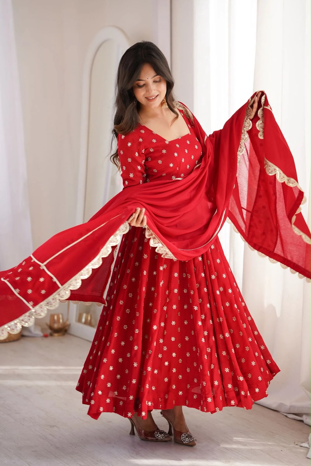 Designer Chinon Silk Anarkali Suit Set with Embroidered Dupatta