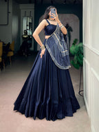 Embroidered Moonga Silk Lehenga Choli Set with Printed Satin Dupatta