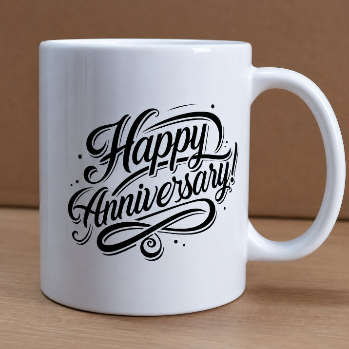 White mug with 'Happy Anniversary!' text on a wooden surface and brown background