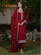 Embroidered Vichitra Silk Kurti Pant Set with Dupatta